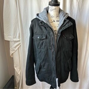 Levi Strauss Jacket Mens M Black Hooded Sherpa Lined Utility Cargo Pockets